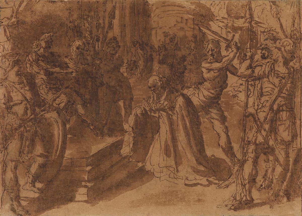 AVANZINO NUCCI (Città di Castello 1552-1629 Rome) An Execution Scene of a Man Kneeling in Prayer before an Enthroned Roman Ruler.